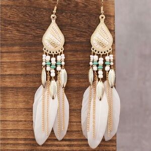 SHEIN Gold and White Feather Drop Earrings